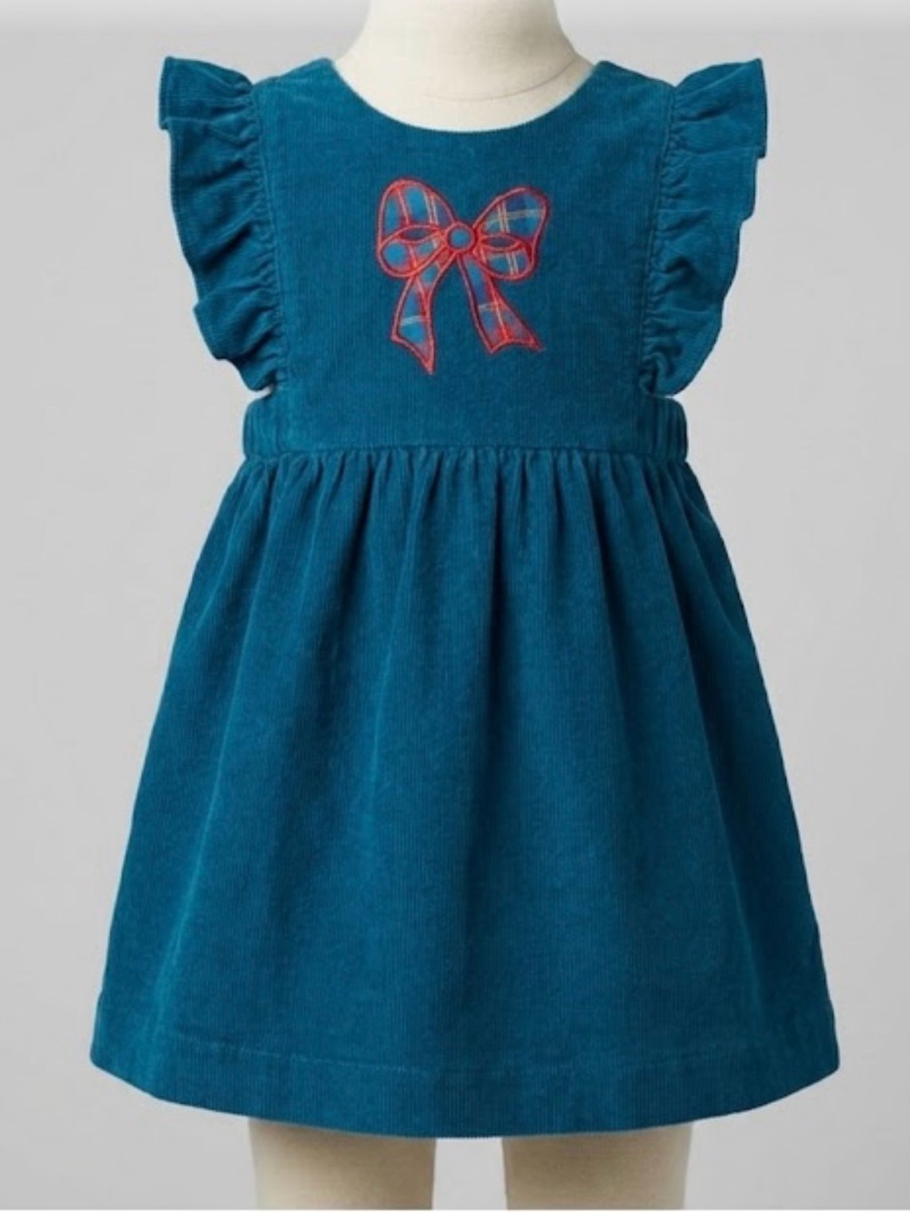 Vintage Girls Blue Corduroy Bow Jumper Dress